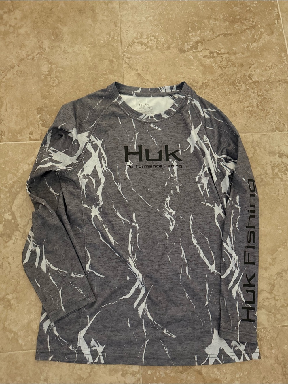 Huk Long Sleeve Performance Tee in Gray with White Camo Youth XL